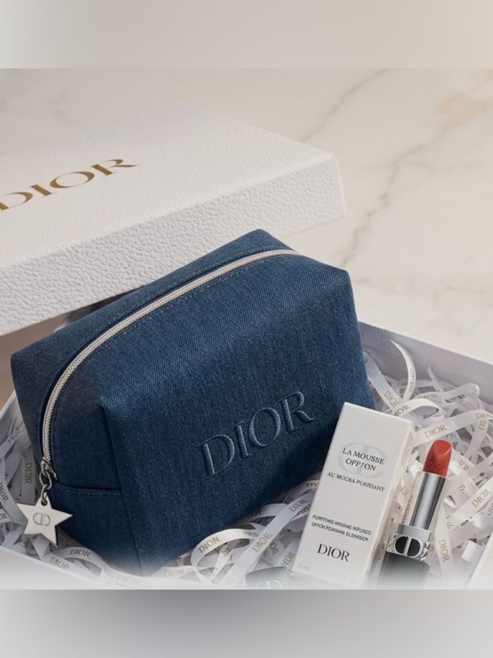 New Dior Beauty set Rouge Dior Lipstick 720 Icone Satin & Denim Pouch with Box